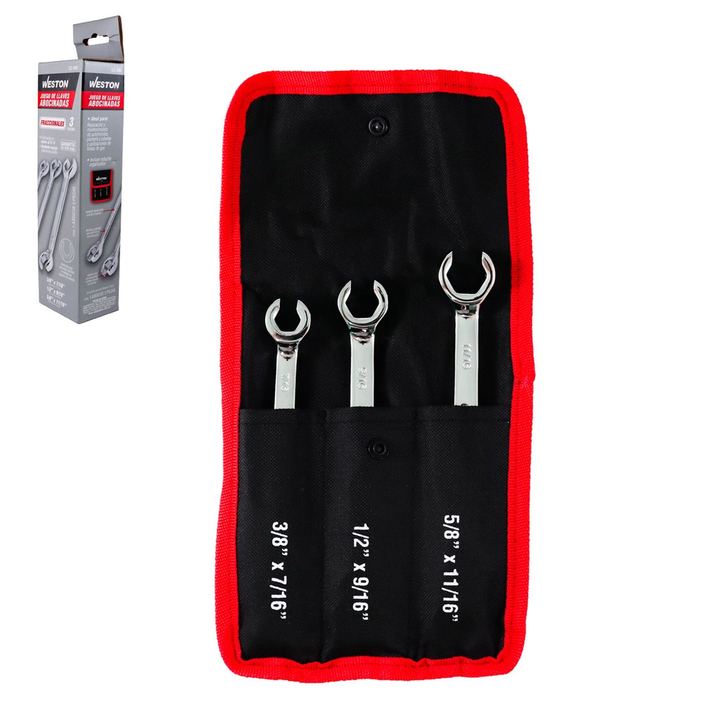 JUEGO DE LLAVES ABOCINADAS CrV PULIDO ESPEJO FRACCIONALES SAE 3 PZS 3/8x7/16", 1/2x9/16", 5/8x11/16"