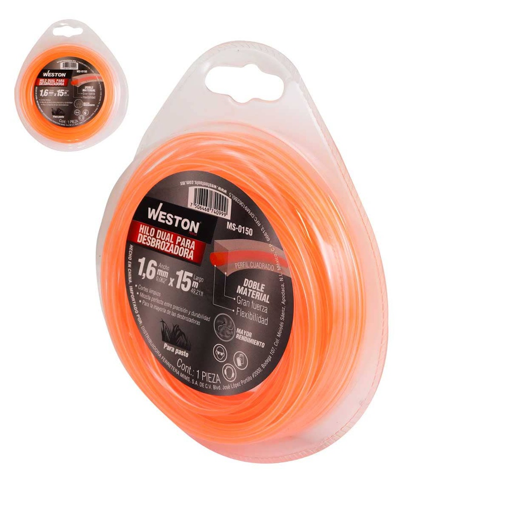 HILO DUAL P/DESBROZADORA EN BLISTER 1.6mm X 15m - NARANJA