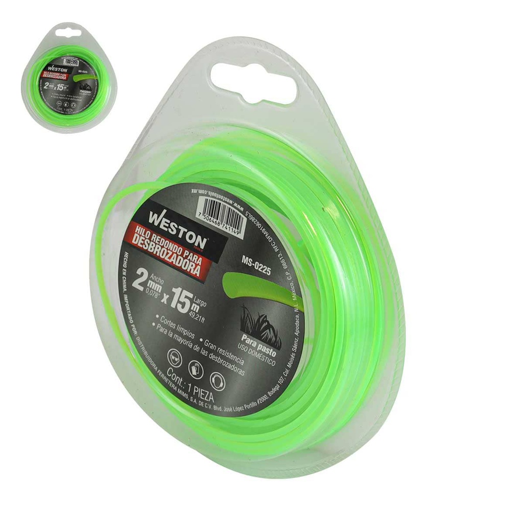 HILO REDONDO P/DESBROZADORA EN BLISTER 2.0mm X 15m - VERDE