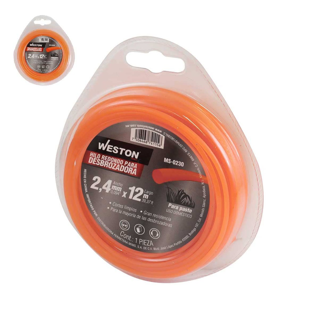 HILO REDONDO P/DESBROZADORA EN BLISTER 2.4mm X 12m - NARANJA
