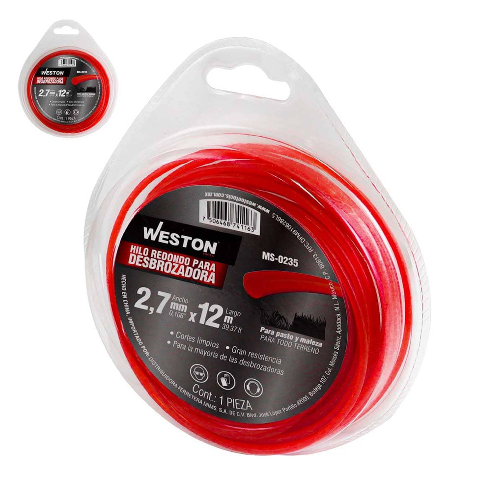 HILO REDONDO P/DESBROZADORA EN BLISTER 2.7mm X 12m - ROJO