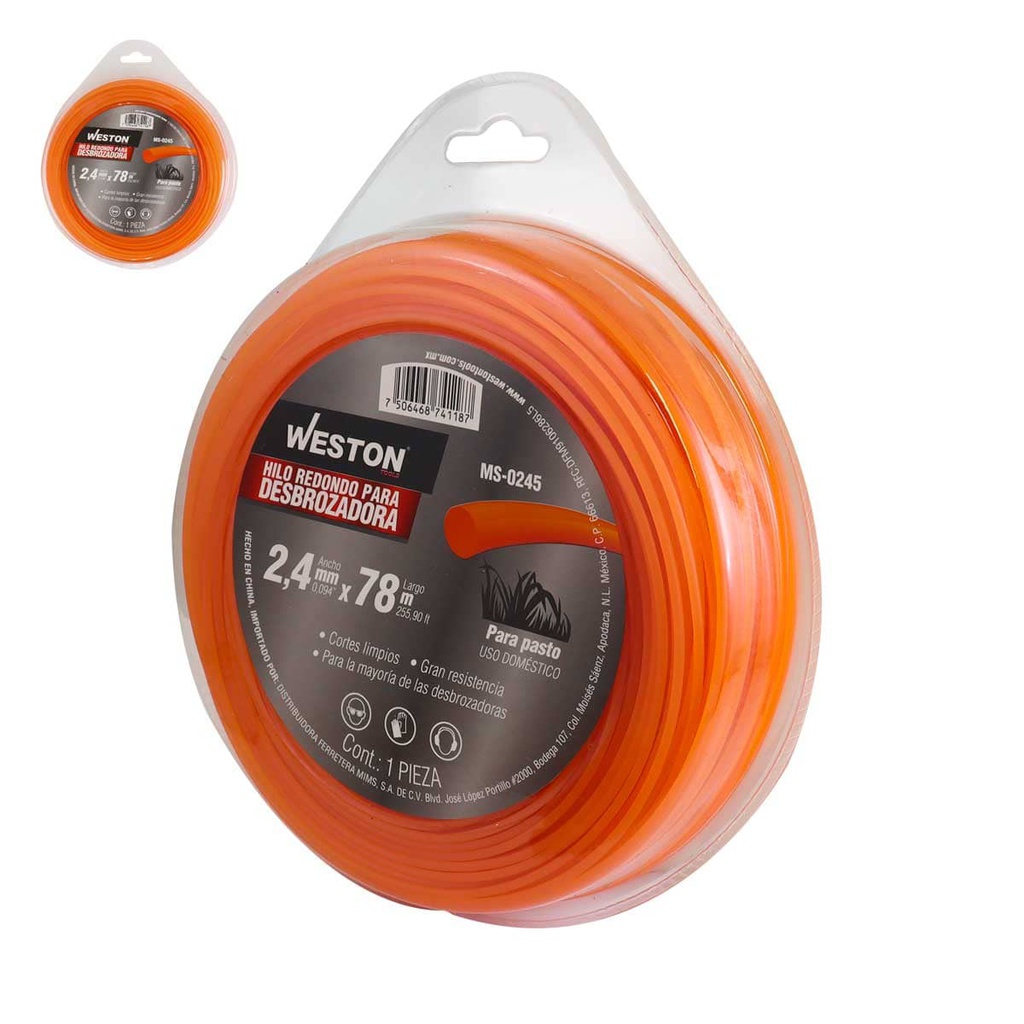 HILO REDONDO P/DESBROZADORA EN BLISTER 2.4mm X 78m - NARANJA