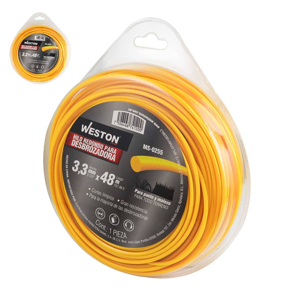 HILO REDONDO P/DESBROZADORA EN BLISTER 3.3mm X 48m - AMARILLO