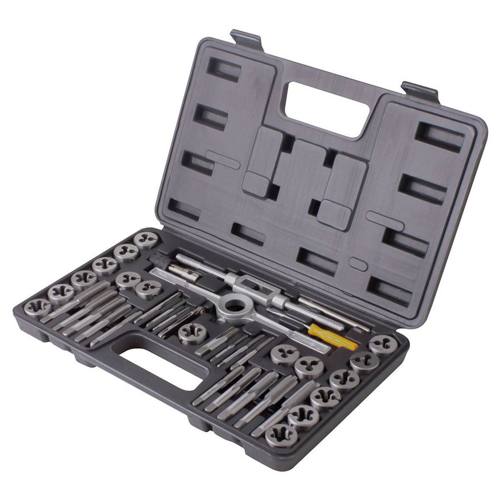 JUEGO DE DADOS Y MACHUELOS DE ACERO AL CARBON FRACCIONAL 40 PIEZAS