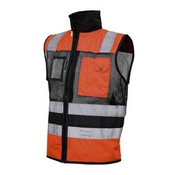[ECO-1330ANNCRMD] CHALECO DE MALLA ECOFRIENDLY EJECUTIVO DE TRABAJO, ANSI TIPO O CLASE 1, HIGH VISIBILIY ANARANJADO/NEGRO T-MD.