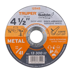 [12545] Disco Tipo 41 de 4-1/2' x 1 mm corte fino de metal, Sable