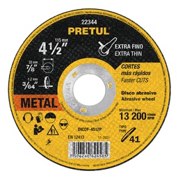 [22344] Disco Tipo 41 de 4-1/2' x 1.2 mm corte fino de metal, Pretul