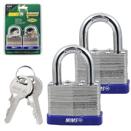 [BL-0280] JUEGO  DE 2 CANDADOS DE ACERO CUERPO LAMINADO 50MM C/4 LLAVES (CAJA C/6 PZAS)
