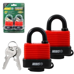 [BL-0315] JGO 4PZS CANDADO D/ACERO PRUEBA D/AGUA CUERPO LAMIN. 40MM C/8 LLAVES (CAJA C/3 JGOS - PRECIO X JGO)